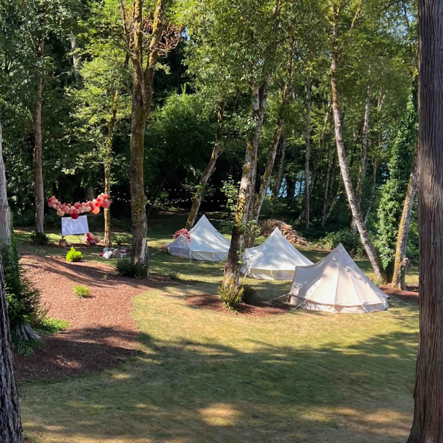 Three canvas tents are set up on a grassy clearing surrounded by trees, with pink and white balloons and a decorated area visible in the background.